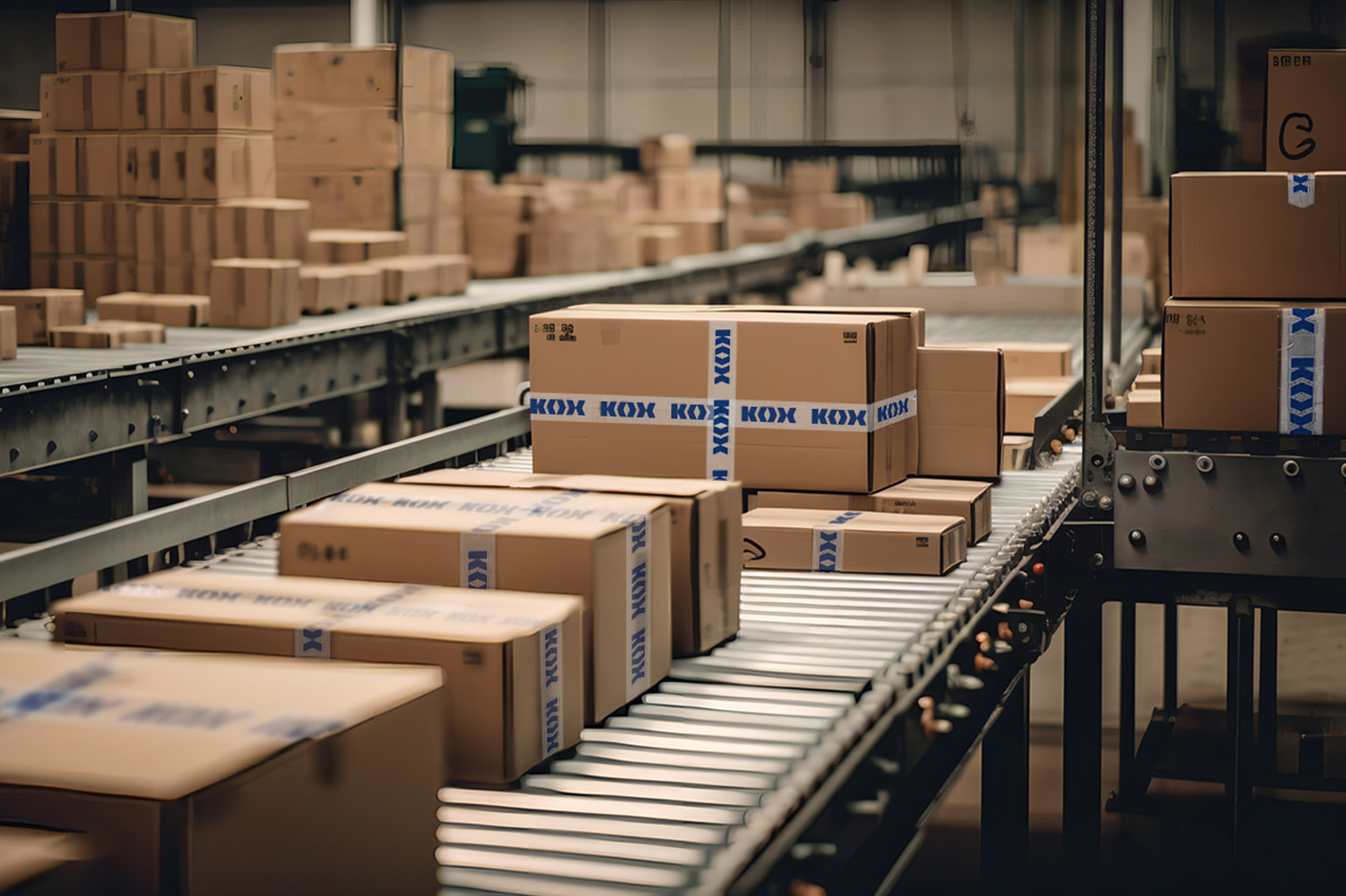 Meerdere dozen met KOX-tape bewegen over transportbanden in een magazijn, met op de achtergrond meer opgestapelde pakketten.